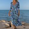 Dresses For Womens Vintage Print Tunic Waisted Midi Dress Summer Casual 3/4 Sleeve Dress