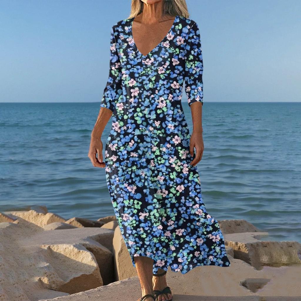 Dresses For Womens Vintage Print Tunic Waisted Midi Dress Summer Casual 3/4 Sleeve Dress