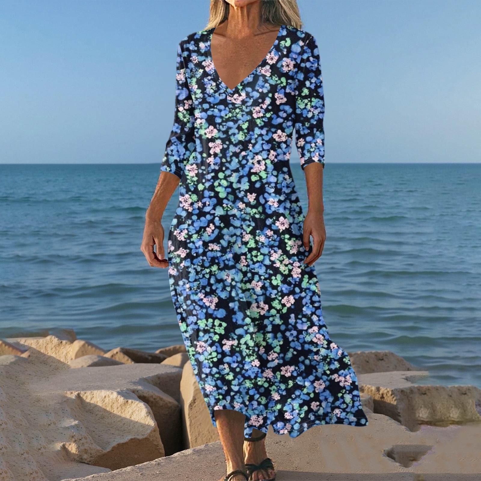 

Платья для женщин Винтажный принт Туника с завышенной талией Миди платье Летнее Повседневное платье с рукавом 3/4 S