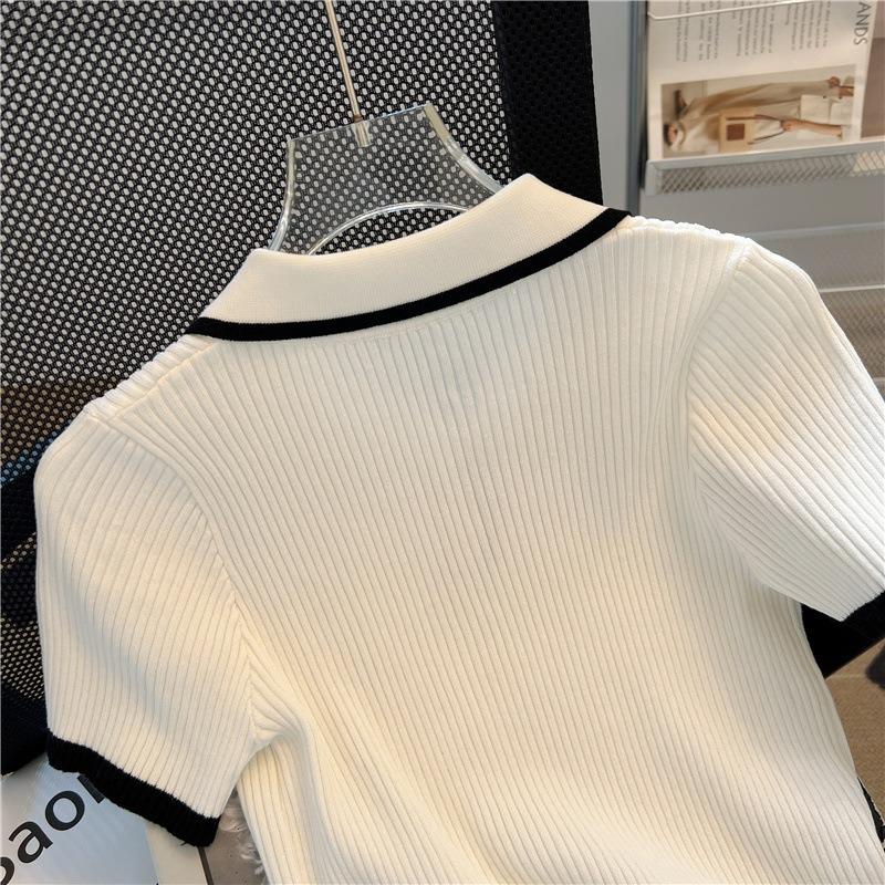 New Knitted Short Sleeve Women Blouse Summer Lapel Loose Slim Fit Ice Silk Shirt Pullover Sweater Casual Simple Sweet Tops Elegant Fashion Clothing