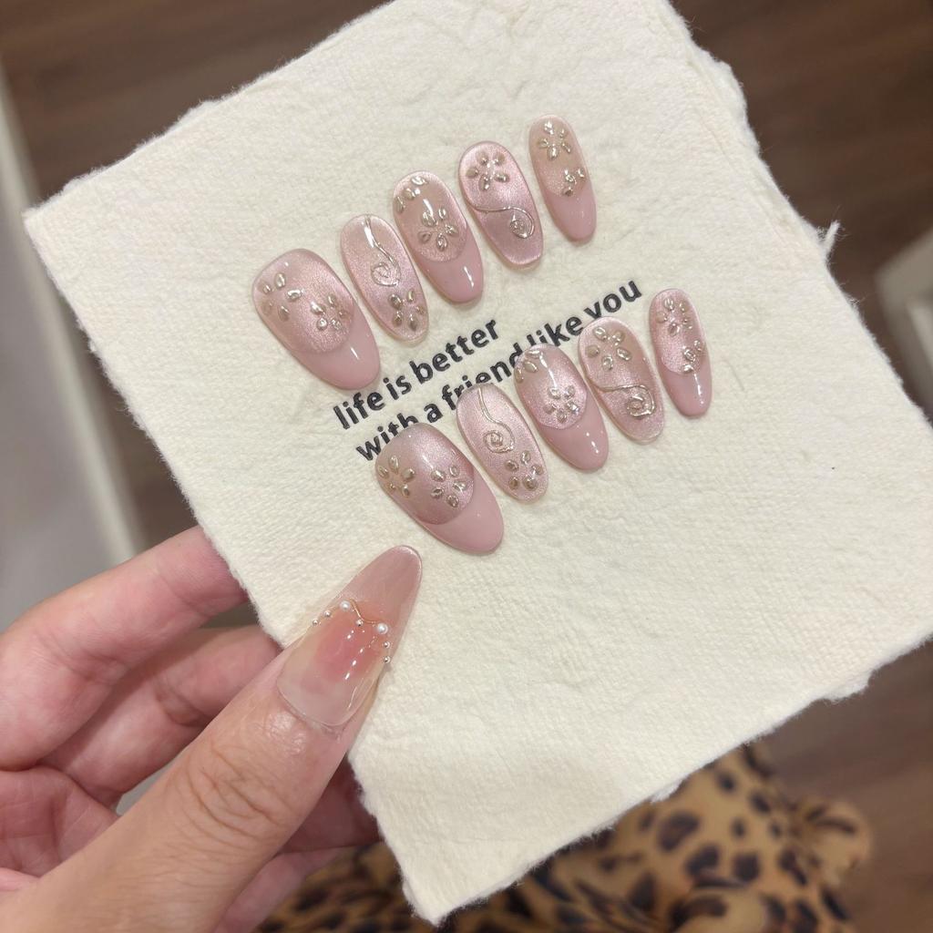 10Pcs Retro Handmade Press on Nails Full Cover Pink Cat Eye French Gold Florals Shiny Nail Fashion Medium Almond Fake Nail Tools