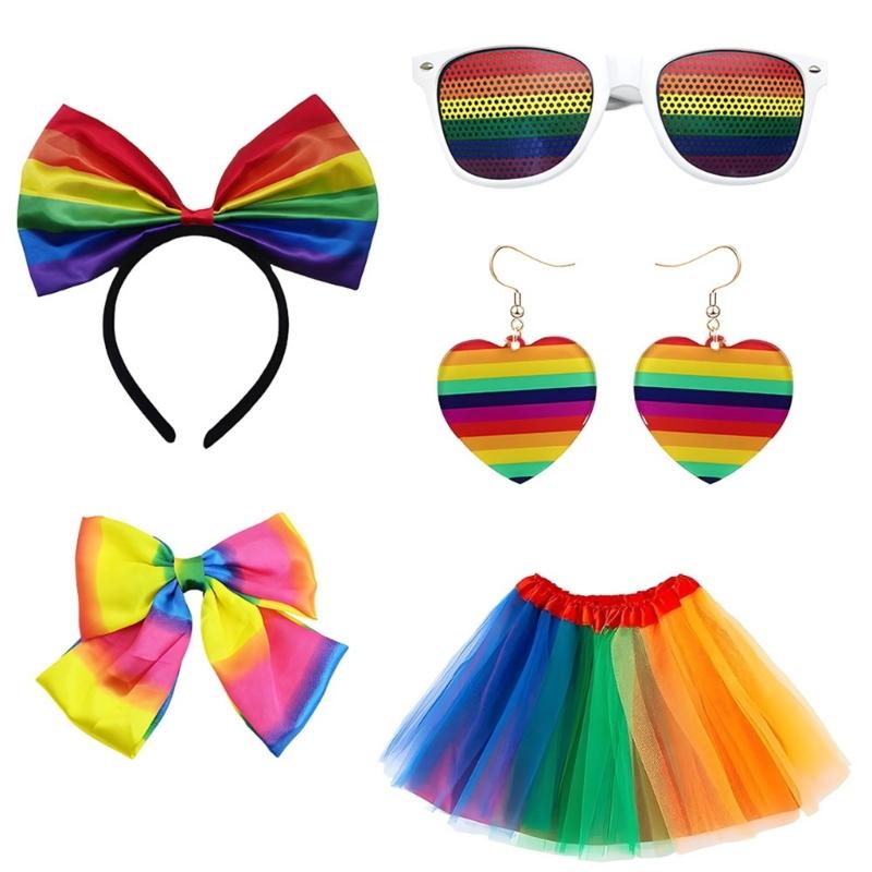 Kostüm-Set Regenbogenfarben Stirnband Ohrringe Brille Rock Beinärmel Lange Handschuhe Damen Halloween Kostüm Zubehör