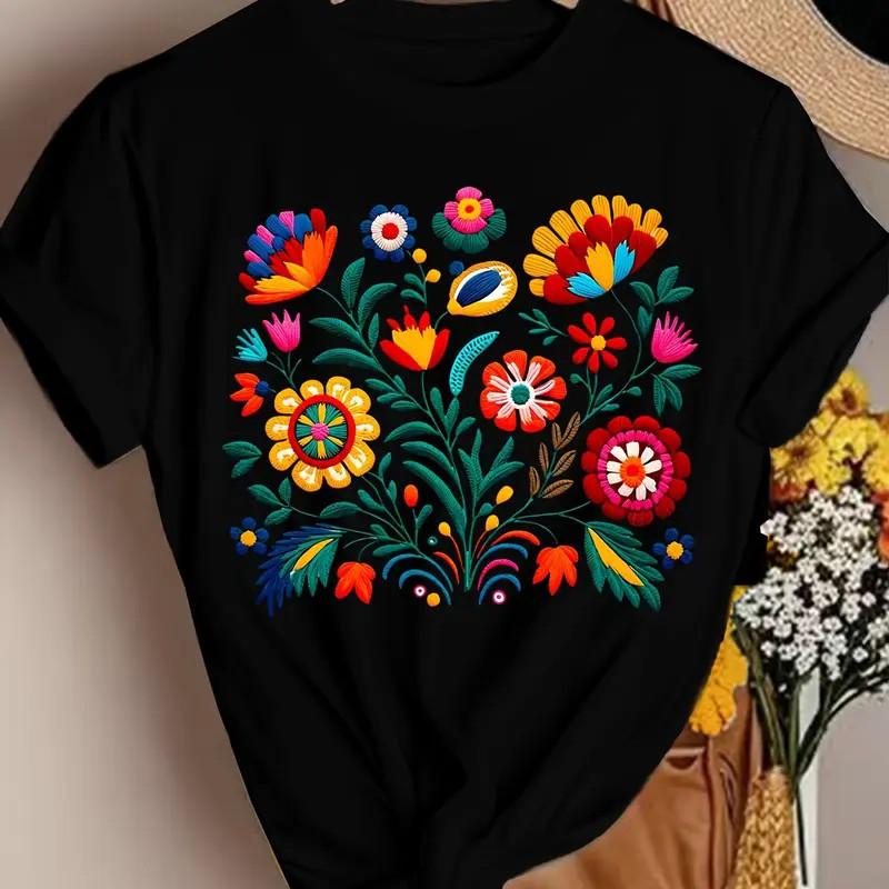 Colorful Floral Graphic T-Shirt Boho Folk Art Flower Tee Women Casual Aesthetic