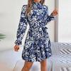 Women's Casual Stand-up Collar Flower Waist Long Sleeve Ruffled A-line Dress