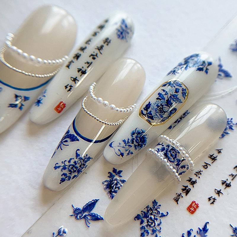 Blue White Porcelain Chinese Style Sticker 3D Self Adhesive Nail Art Sticker Flower Silverback Adhesive Manicure Decal Salon Diy
