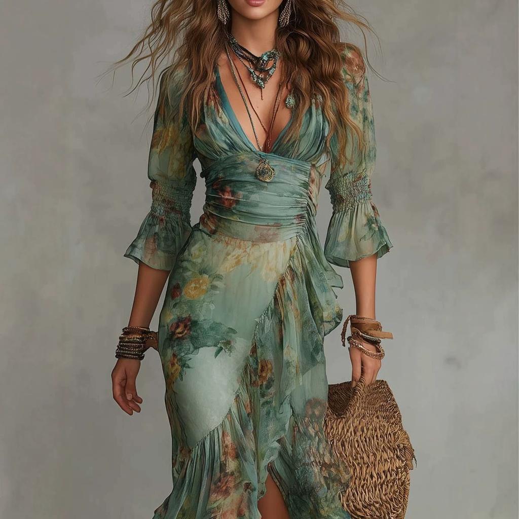 2026 Europa, Amerika, bedrucktes V-Ausschnitt-Langarmkleid Urlaubs-elegant unregelmäßiges Blumenkleid