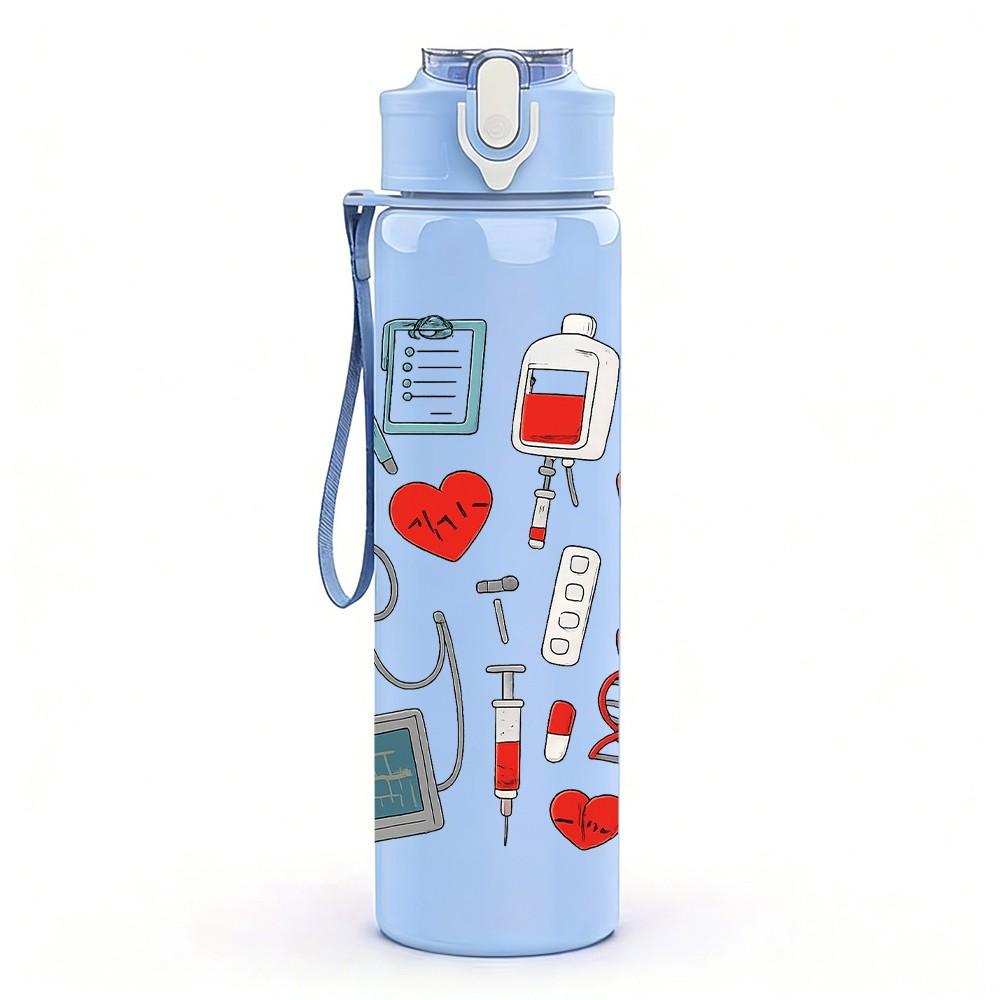 1PC Medical Tool Repeat Pattern 750ml Color Plastic Sports Water Bottle Leakproof Flip Straw Lid Suitable for Sports Office Home Use
