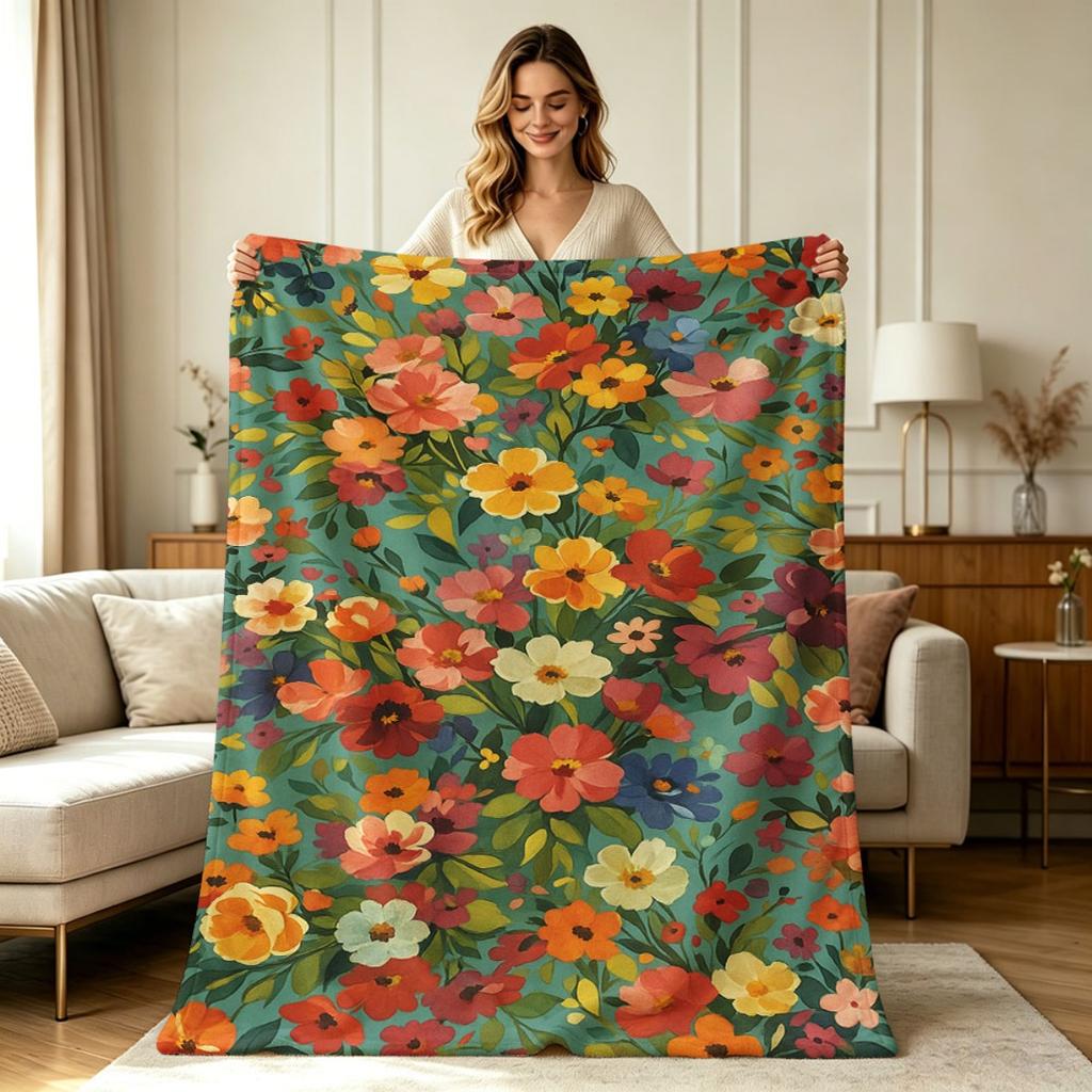Soft Flannel All Season Floral Print Blanket for Sofa Couch Bed Office Home Decorative Warm Cozy Throw Blanket for Indoor Outdoor Use