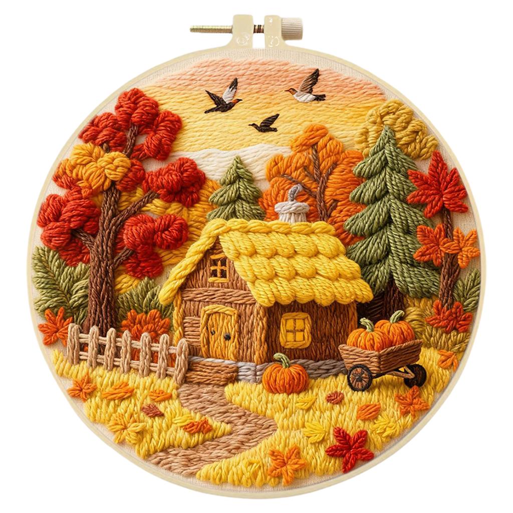 Autumn DIY Stitches Kit with Embroidery Hoop Hand Sewing Kit 29x29cm Starter Embroidery Kit for Beginners Craft Lovers Gift