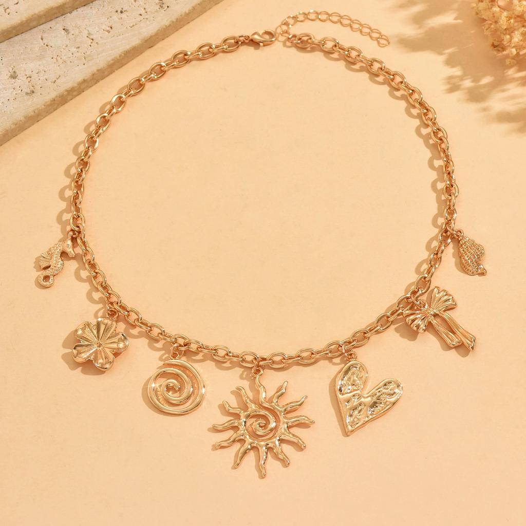 Summer Multi element Pendant Necklace Versatile Punk Style Sun Heart Flower Decoration Collarbone Chain Vintage Women Jewelry