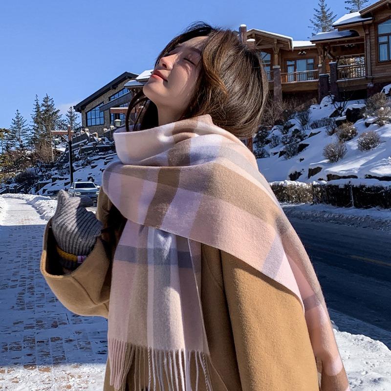 Pink pure wool scarf women's winter new atmosphere plaid cashmere scarf for girlfriend's birthday gift