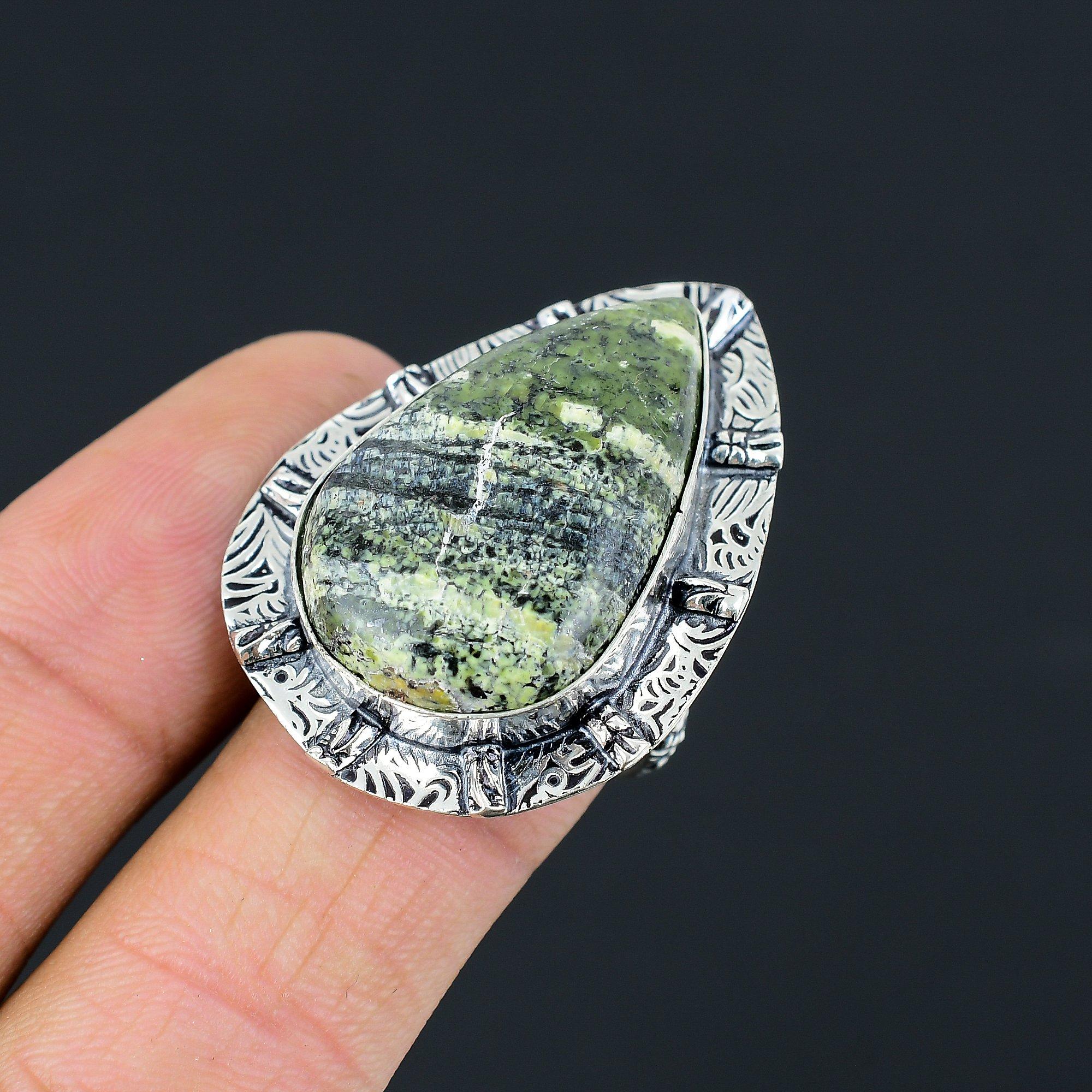 925 Silver Pear Green Swiss Opal Stone Unique Daughter Handmade New Ring US 8.5 8.5