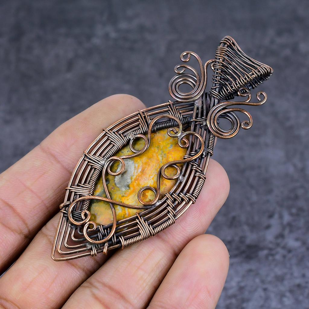 Natural Bumble Bee Jasper Gemstone Copper Wire Wrap Jewelry Pendant 3.35" q8Z23