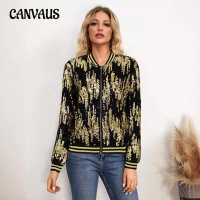 Chaqueta ajustada con decoración de lentejuelas informal de moda de béisbol de otoño para mujer
