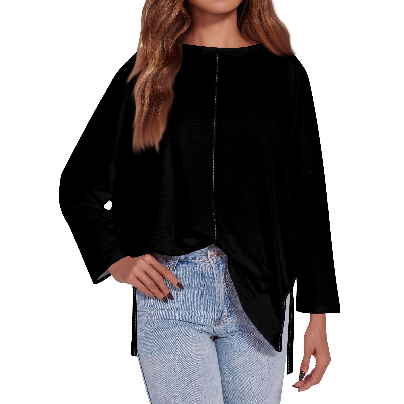 

Женская модная свободная футболка большого размера с круглым вырезом и длинным рукавом, повседневная, с боковыми разрезами, однотонный топ XXL чёрный