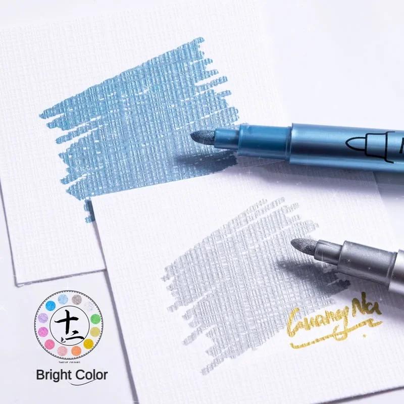 12 Colors Metallic Marker Pen Colorful Permanent Art Marker Highlights For Paint Crafts Scrapbooking Art Supplies Stationery