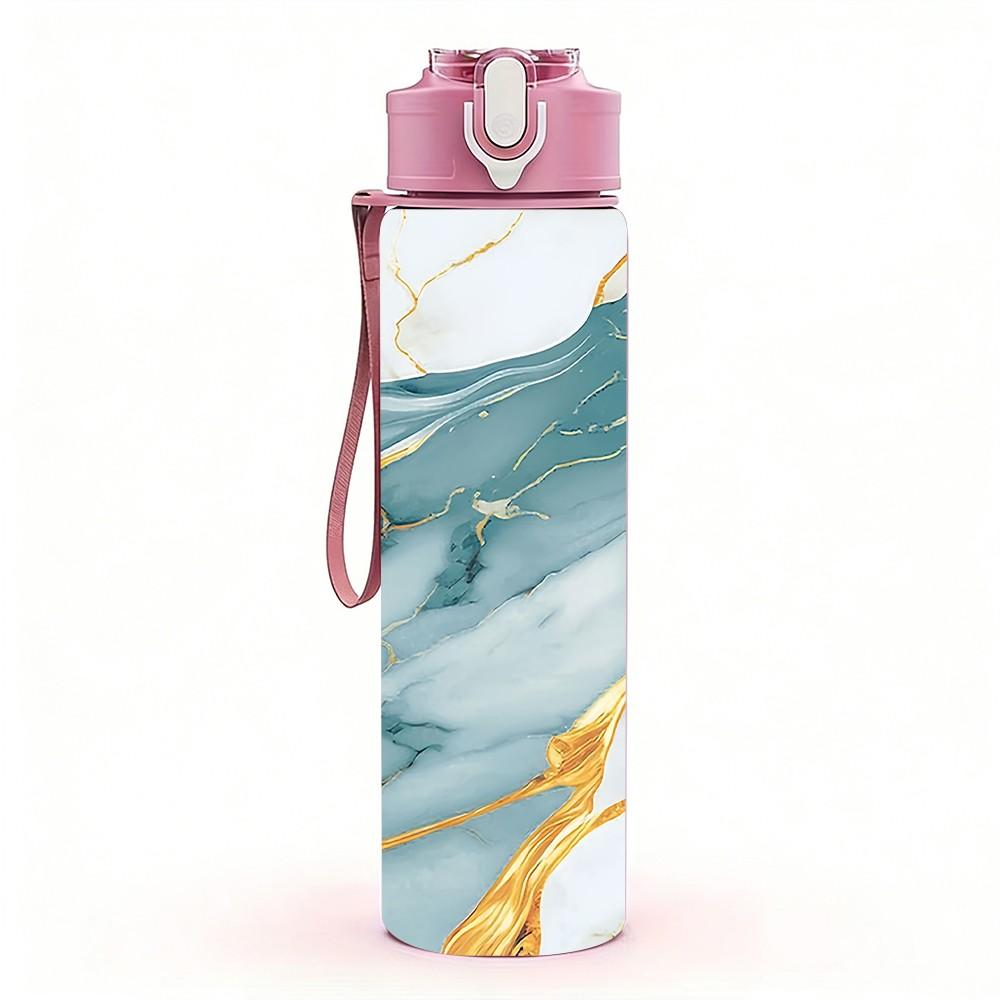 1PC Pale Cream Gold Vein Marble Swirl Texture 750ml Color Plastic Sports Water Bottle Leakproof Flip Straw Lid Suitable for Sports Office Home Use