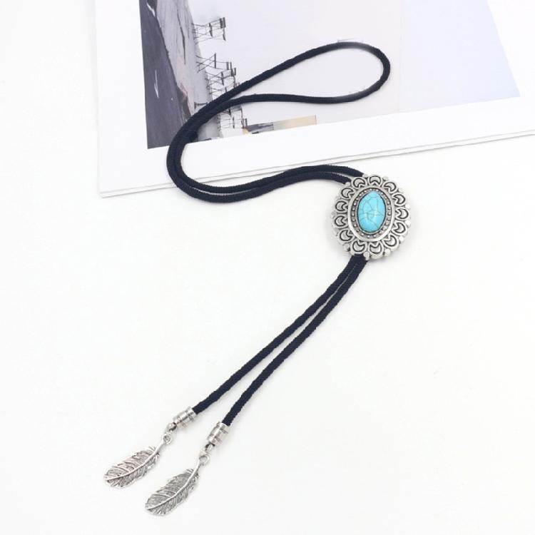 Bolo Tie for Men and Women Western Fashion Accessory with Metal Flower Turquoises Stone Accent Braided Necktie Necklace