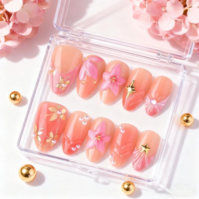 30-Piece Gold Foil Almond 3D Flower & Star Rhinestone Nail Tips