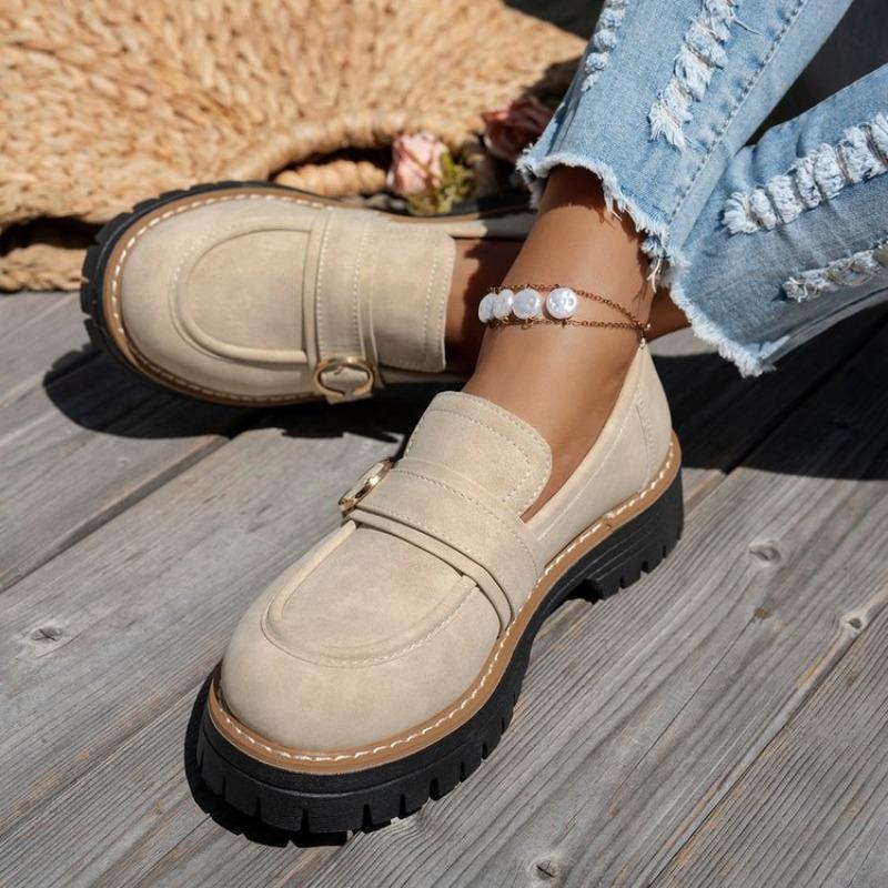 Women Suede Platform Loafers Chunky Heel Retro British Style Casual Shoes