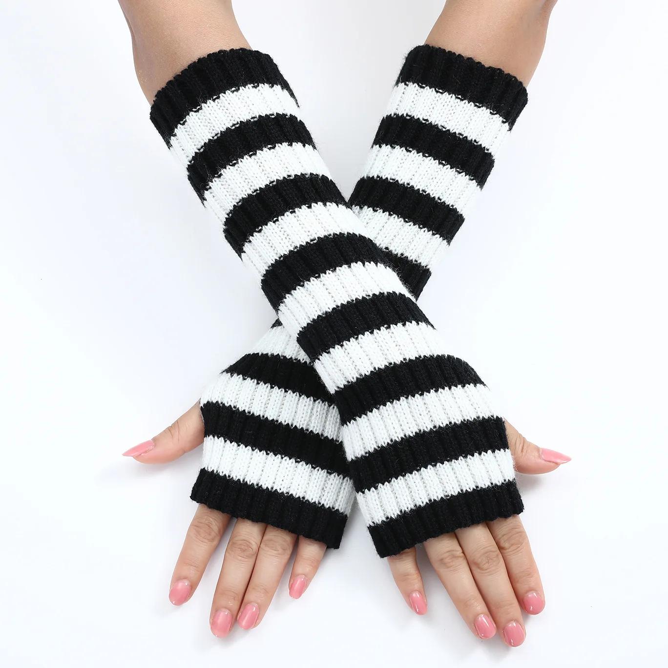30cm Modieuze Gestreepte Vingerloze Handschoenen voor Dames Meisjes Lange Gebreide Handschoenen voor Warmte Winterhandschoen One Size