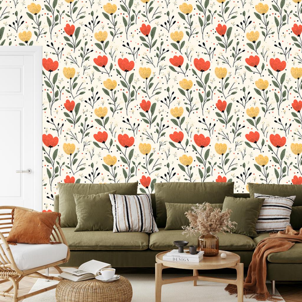 Wallpaper Flowers White, Light Gray, Cream and Lime 50x1000