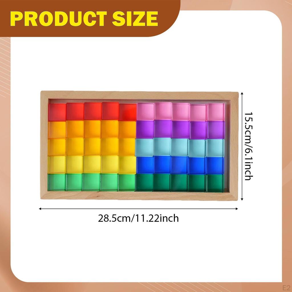 50x Rainbow Acrylic Cubes Blocks Building Colorful Wood for 3 4 5 6 Years Old Translucent