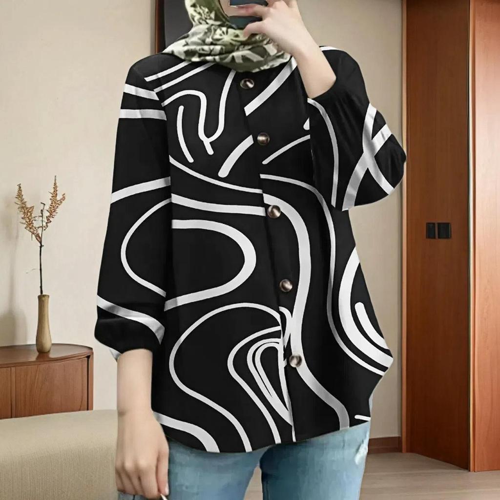 New Plus Size Women's Puff Sleeve Floral Button Shirt