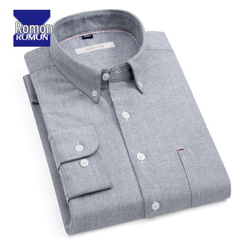 Romon Men's High-End Blue & White Cotton Oxford Long Sleeve Button-Down Shirt