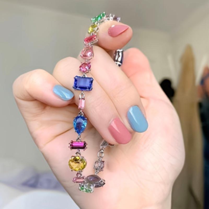 2025 New Sparkling Colorful Crystal Bracelets for Women Korean Ins Metal Chain Bracelet Party Zircon Valentine's Day Gift
