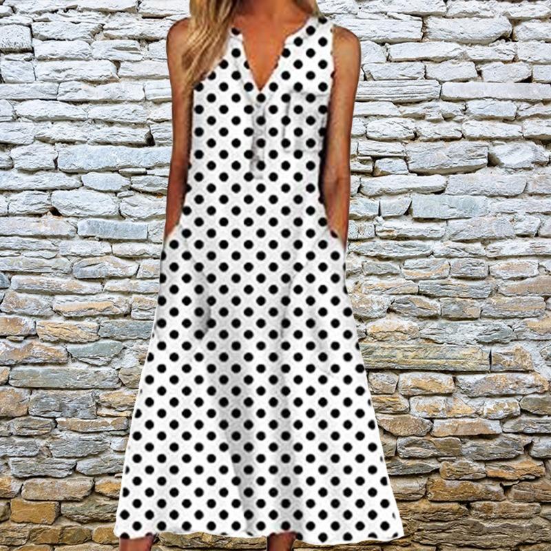 Summer Fashion Print V-neck Plus Size Dress Women Pocket Striped Sleeveless Casual Dresses Women Solid Elegant Loose Dress Lady 24260