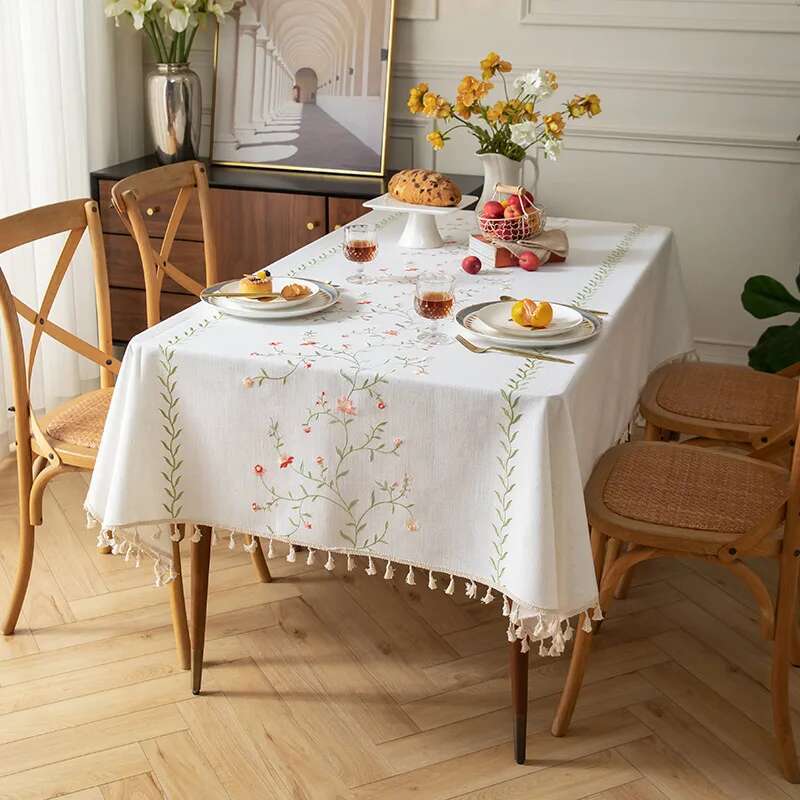 Nordic Cotton Linen Fabric Tablecloth Embroidered Dining Table Cloth Waterproof and Oil Proof Tea Table Cloth Rectangular Tassel