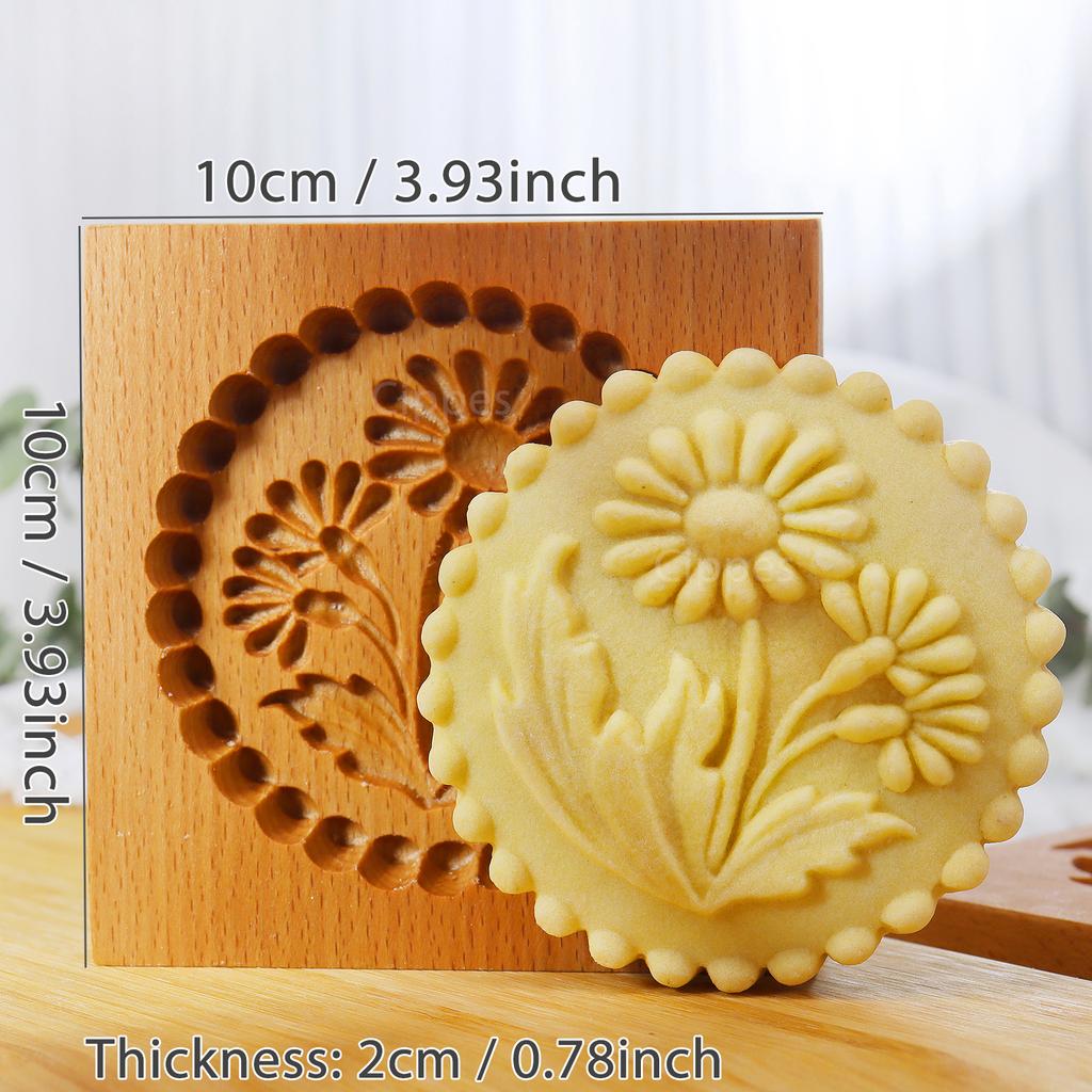 1PC Wood Cookie Molds with Flower Patterns, 3D DIY Carved Embossed Cookie Cutter Moulds for Baking, Fondant Cake Biscuit