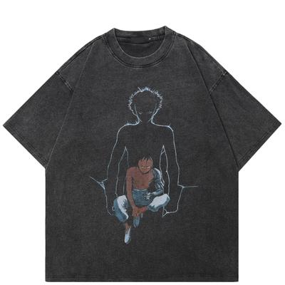 Camiseta Streetwear Gráfico Amine Japonês Algodão Lavado Preto Camiseta Unissex Oversized Manga Curta