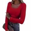 Damen Langarm Rippen U-Ausschnitt Sexy Eng Anliegendes Oberteil T-Shirt Einfarbige Schlanke Basic T-Shirts