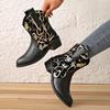 Fashion Graffiti Patchwork Cowboy Boots Woman  Autumn Winter PU Leather Ankle Boots Women Thick Heeled Slip On Black Booties