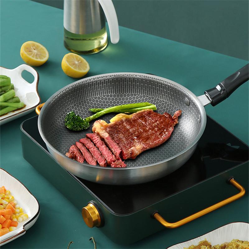 Durable Stainless Steel Frying Pans Long Handle Nonstick Steak Cooking Pots Honeycomb Skillet Wok for Induction Cooker Gas Stove