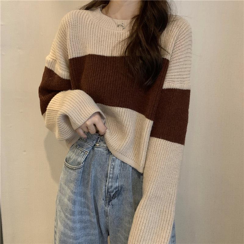 Short striped crew neck sweater women s autumn 2025 new loose casual outer wear autumn and winter knitted sweater average size