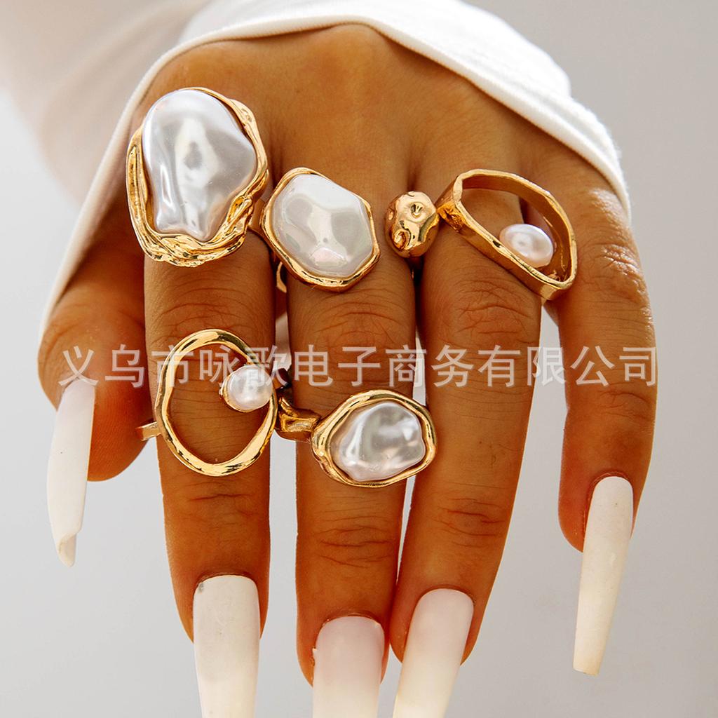 European and American design liquid lava flower opening ring ins baroque imitation pearl set gemstone ring