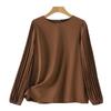 2024 Spring & Autumn Women's Retro Pleated Long-Sleeve Round Neck Shirt - Casual Solid Color Top