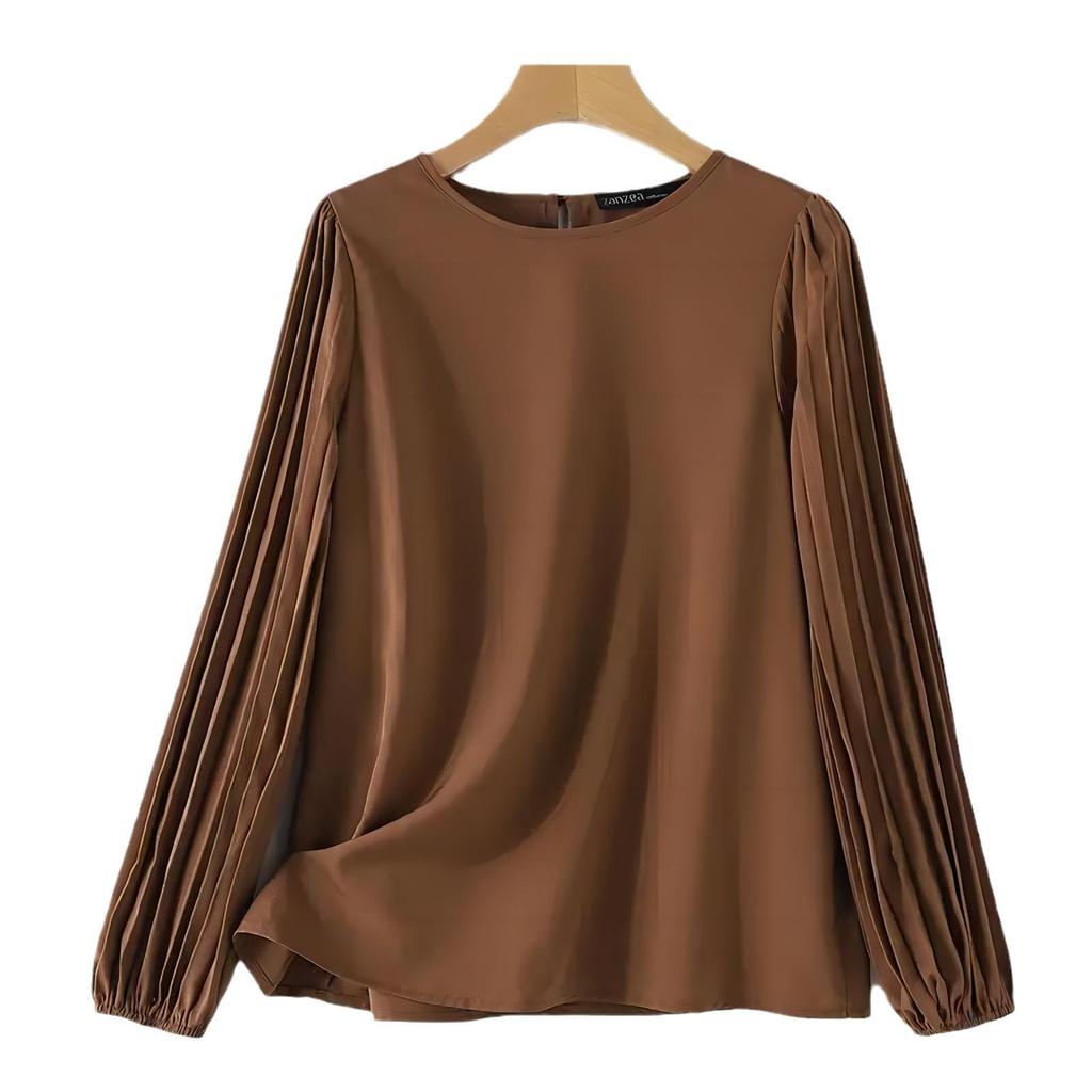 2024 Spring & Autumn Women's Retro Pleated Long-Sleeve Round Neck Shirt - Casual Solid Color Top