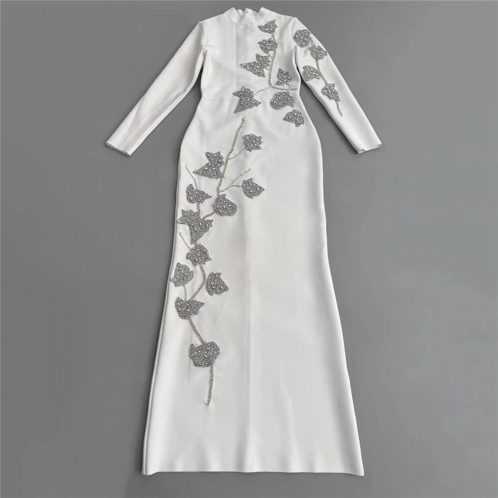 European-Style Rhinestone Beaded Slim Fit Evening Gown with Long Sleeves