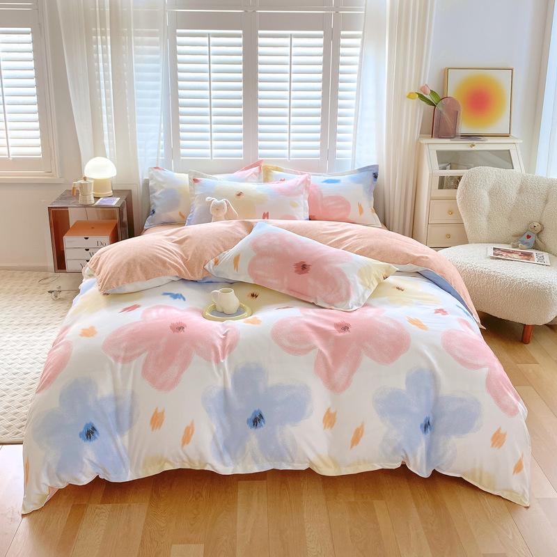 INS Double-sided Availability Pink Blue Cute Cat And Rabbit Bedding Set Duvet Cover Sheets With Pillowcases Full Size Bedroom