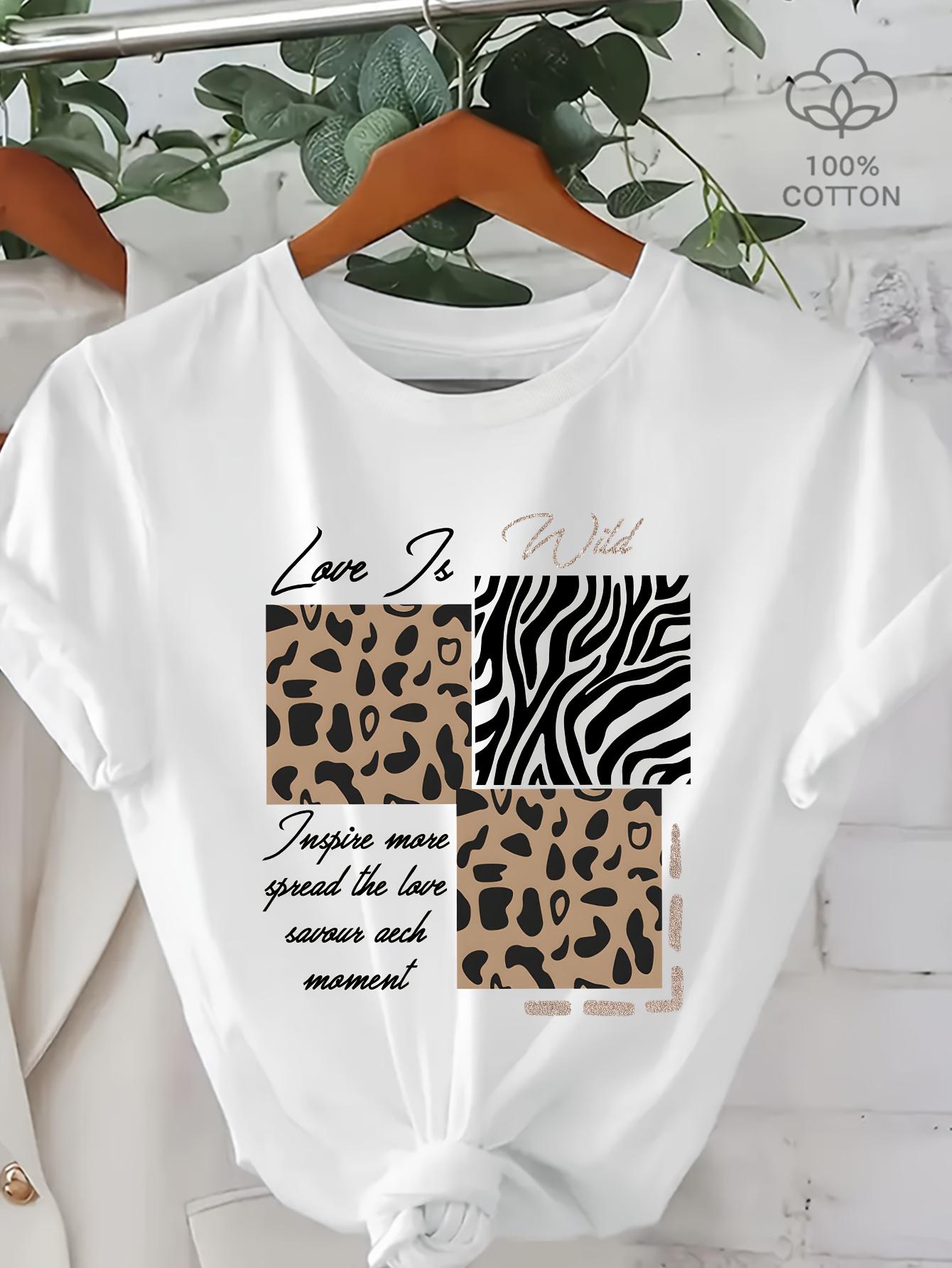 

Letter Leopard Pattern Print Casual Summer Women s Versatile Short Sleeve T-Shirt women clothing vintage clothes y2k top S