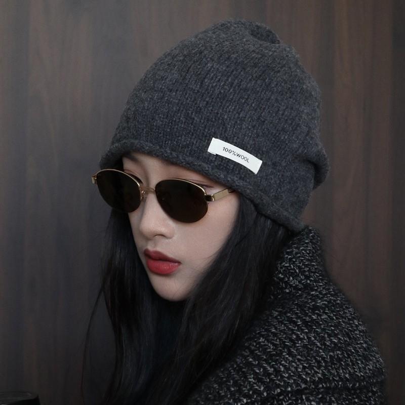 % Wool cold hat, big head circumference stacking hat, women's autumn and winter thickened ear protection, warm and cold hat, small wool hat