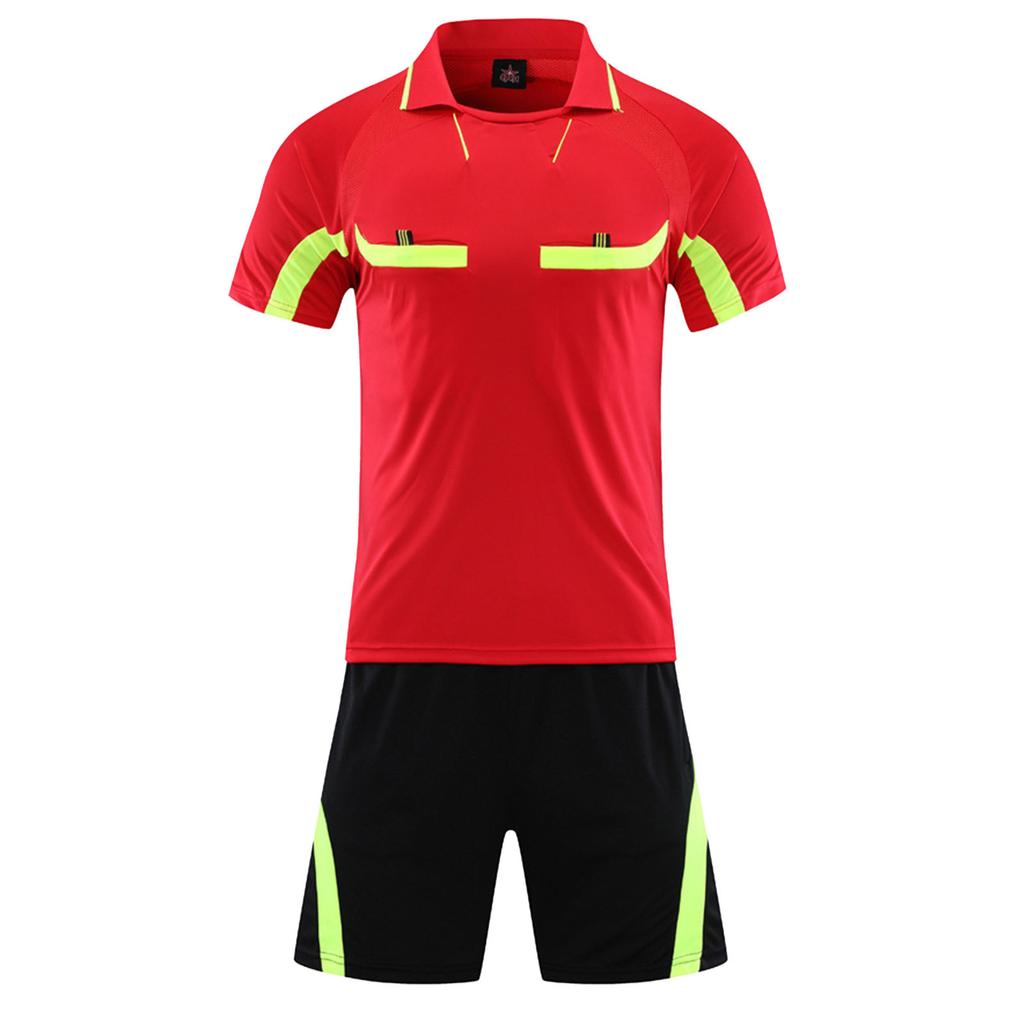 Herren Schiedsrichter Trainingsanzug Kontrastfarbe Umlegekragen Kurzarm Tasche T-Shirt Elastischer Bund Shorts Fußball Uniform