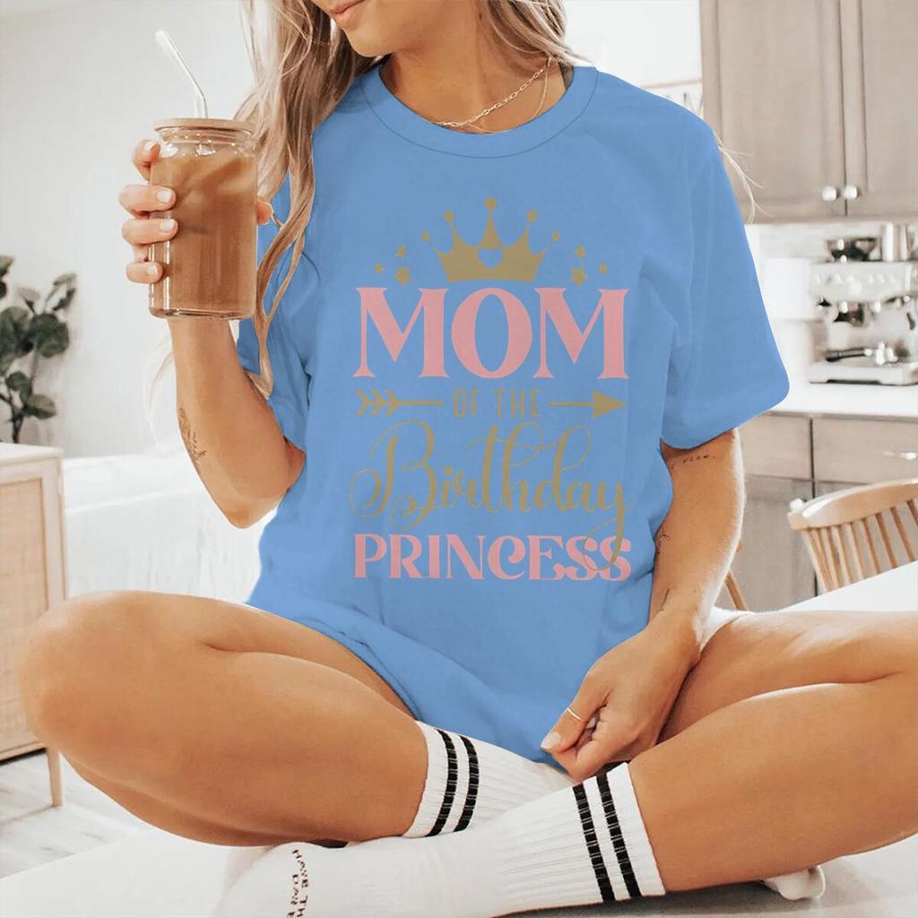 Mom Of The Birthday Princess Print T Shirts Aesthetic Crown Letter Pattern Tshirt Women Short Sleeve Fashion Streetwear Y2K Tops