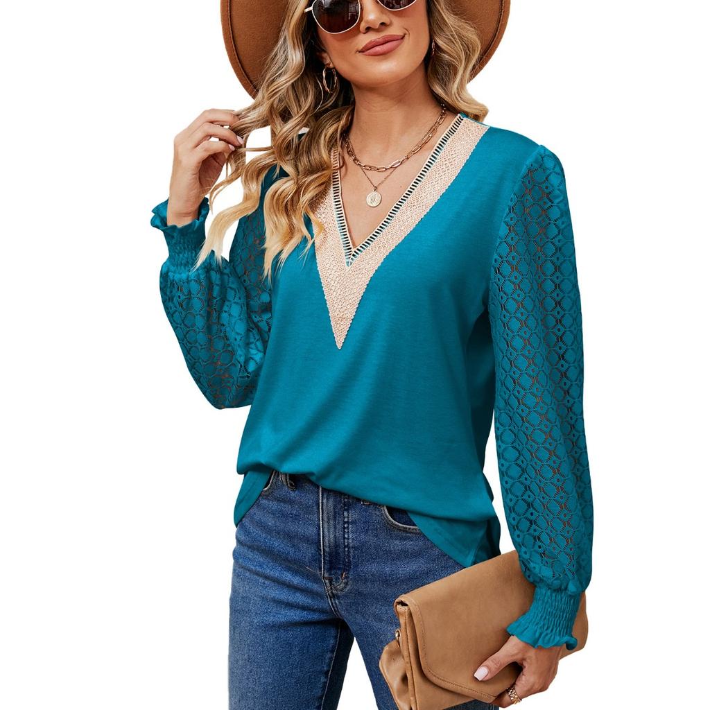 Fall Winter New Women's V-Neck Lace Splicing Loose Long Sleeve T-Shirt Top, Cross-Border Casual Tops for Women