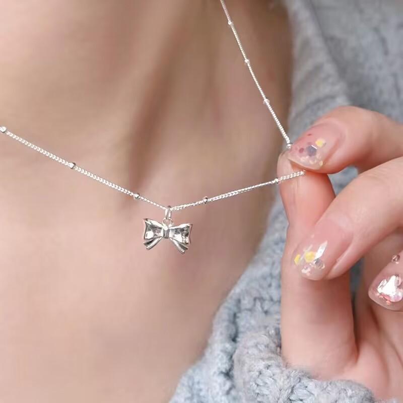 

Silver Color Bow Pendant Necklace for Women Minimalist Metal Clavicle Chain Romantic Necklace Girls Wedding Party Jewelry Gift
