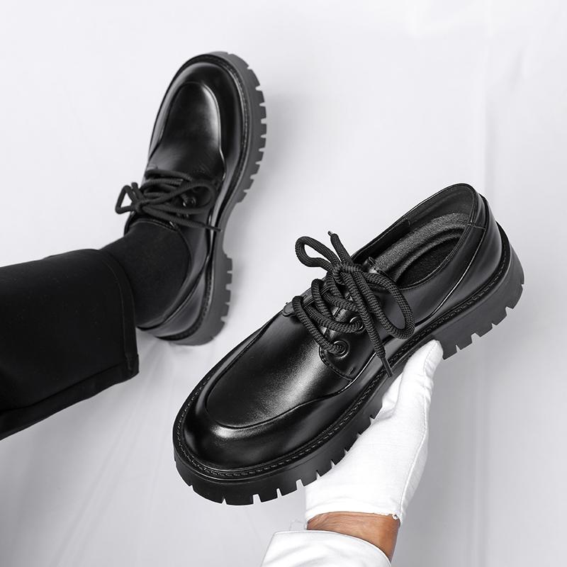Fashion New Solid Color Men's Thick-Soled Lace-Up Casual Shoe Round-Toed Comfortable British-Style Business Shoe Anti-Slip Walking Shoes